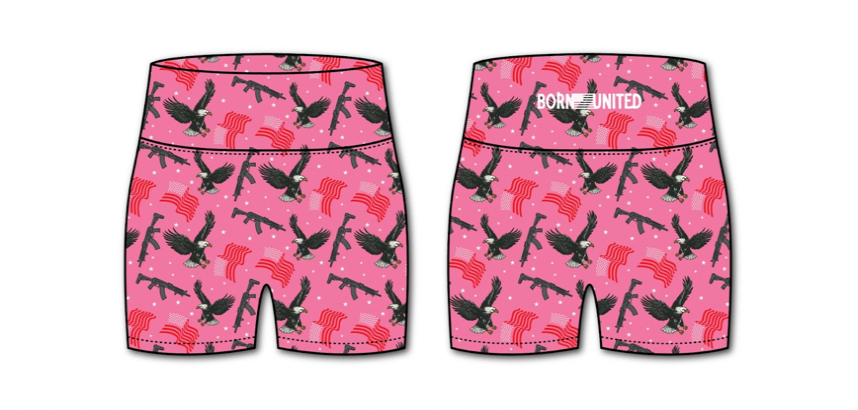 The Pink Victory training shorts by Born United Private Label feature eagles and American flags, a high waist with BORN UNITED on the back waistband, offering patriotic style and performance functionality.