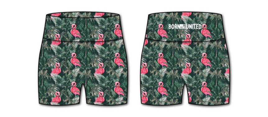 Front and back views of the Womens High-Waisted Seamless Front Compression Training Shorts | Loaded Flamingo feature a tropical flamingo and palm leaf pattern, breathable fabric, and BORN UNITED on the stretchable waistband.