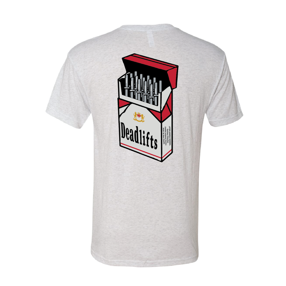 The Deadlift Addiction - Tee by Tango Charlie Apparel showcases a gray T-shirt with a cigarette pack illustration labeled Deadlifts, hinting at an addictive nature. The open pack reveals cigarettes and the playful note: Lifter Generals Warning, perfect for those who enjoy witty fashion.