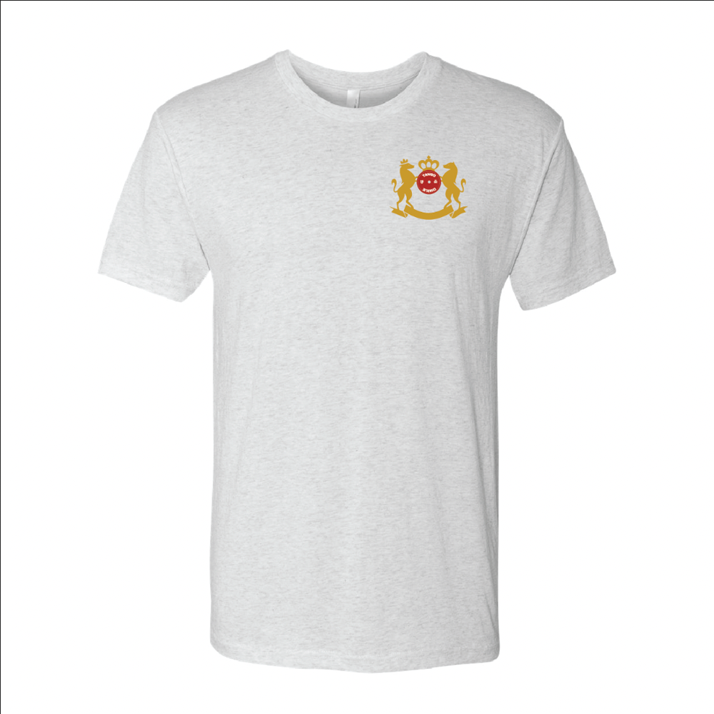 The Deadlift Addiction - Tee by Tango Charlie Apparel is a gray t-shirt with a red and yellow crest on the left chest, featuring a stylized red symbol between two gold figures with a crown—perfect for fitness enthusiasts.