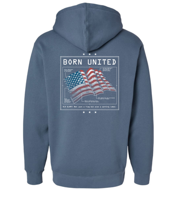 The Old Glory Flag Schematic Hoodie by Born United Private Label features overlapping flags, a bold BORN UNITED graphic, and a stars-and-stripes schematic.