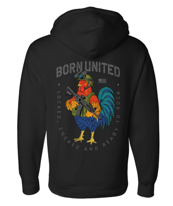 Introducing the Battle Bird Hoodie from Born United Private Label—a black hoodie featuring a bold, colorful rooster wearing a helmet and holding a rifle, with “BORN UNITED - LOCKED, COCKED AND READY TO ROCK” emblazoned on the front. Inspired by our bestselling Battle Bird Tee, this hoodie combines attitude and comfort in soft, premium fabric.