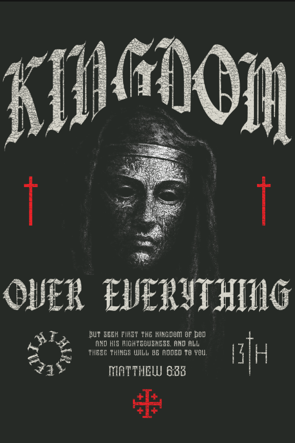The 13th Kingdom Over Everything PVC Patch features a detailed black 3x3-inch graphic with a grayscale depiction of Jesus’s face, bold red crosses, and gothic lettering proclaiming “KINGDOM OVER EVERYTHING” alongside the scripture reference Matthew 6:33. Religious motifs and intricate design are showcased on this Velcro-backed patch.