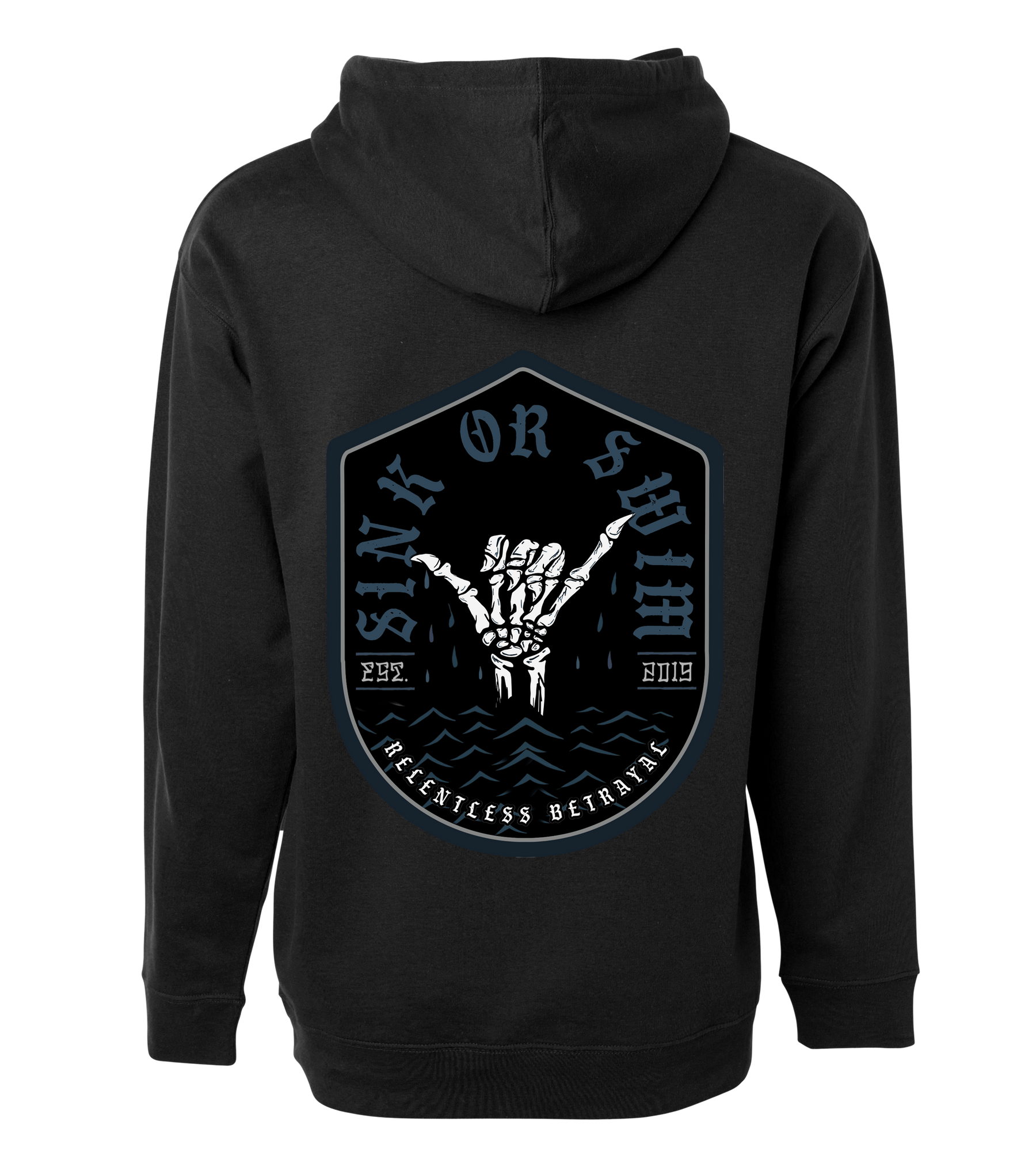 The Sink or Swim Premium Hoodie by Relentless Betrayal features a skeleton hand making a rock gesture from the water, with the text Sink or Swim and Relentless Betrayal. This design, marked with nautical elements and dated Feb 2019, symbolizes resilience in adversity.