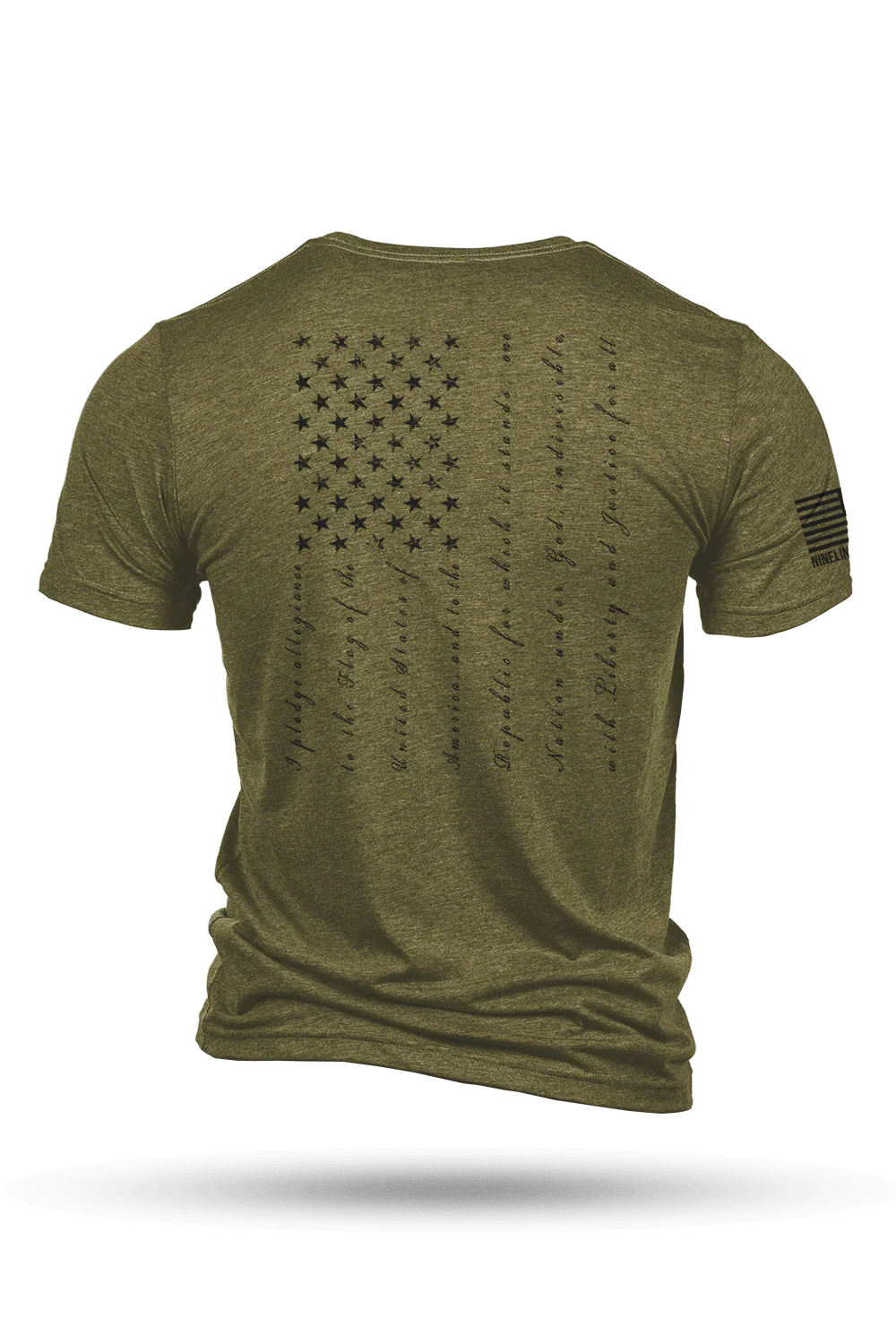 The Pledge- Olive T-shirt by Nine Line Apparel features a stylized black American flag on the back with the text ONE NATION and a small flag on the sleeve, symbolizing liberty and justice for all.