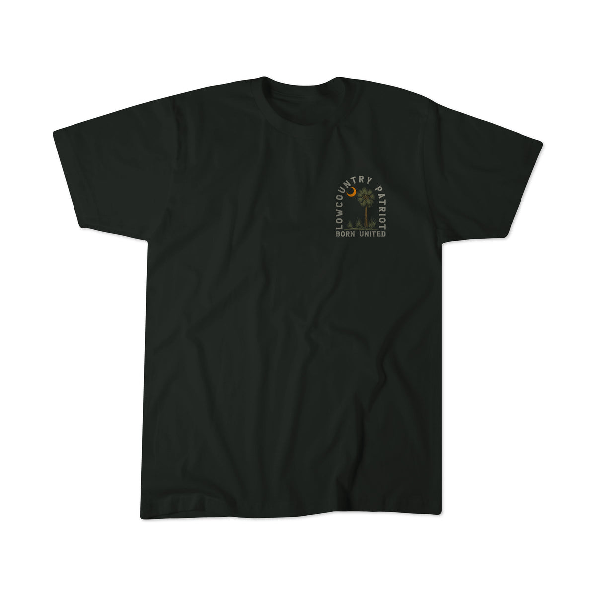Black “Lowcountry Patriot” T-shirt by Born United Private Label featuring a small front left graphic with a tree design.