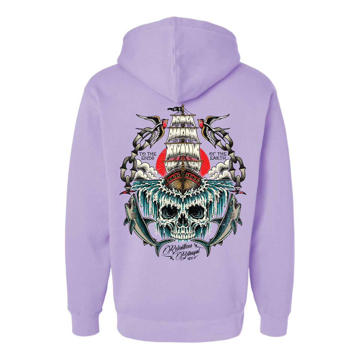 Light purple Relentless Betrayal To the Ends of the Earth Premium Hoodie with a back graphic of a ship sailing on a skull over crashing waves, flanked by birds and sharks with the text To the Ends of the Earth.