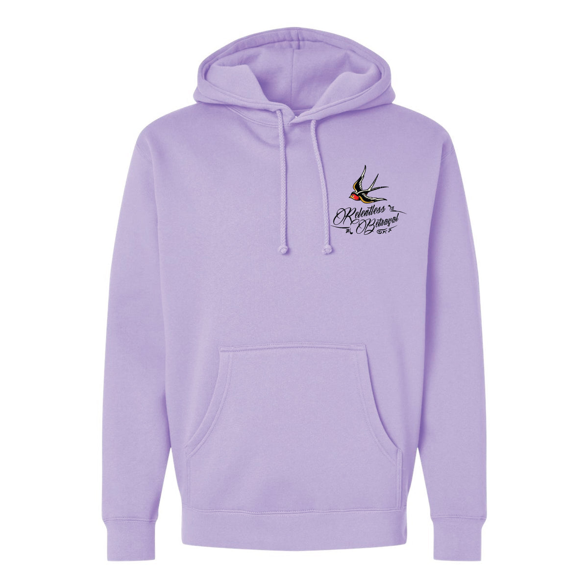 Light purple To the Ends of the Earth Premium Hoodie featuring a small swallow illustration and script text on the left chest.