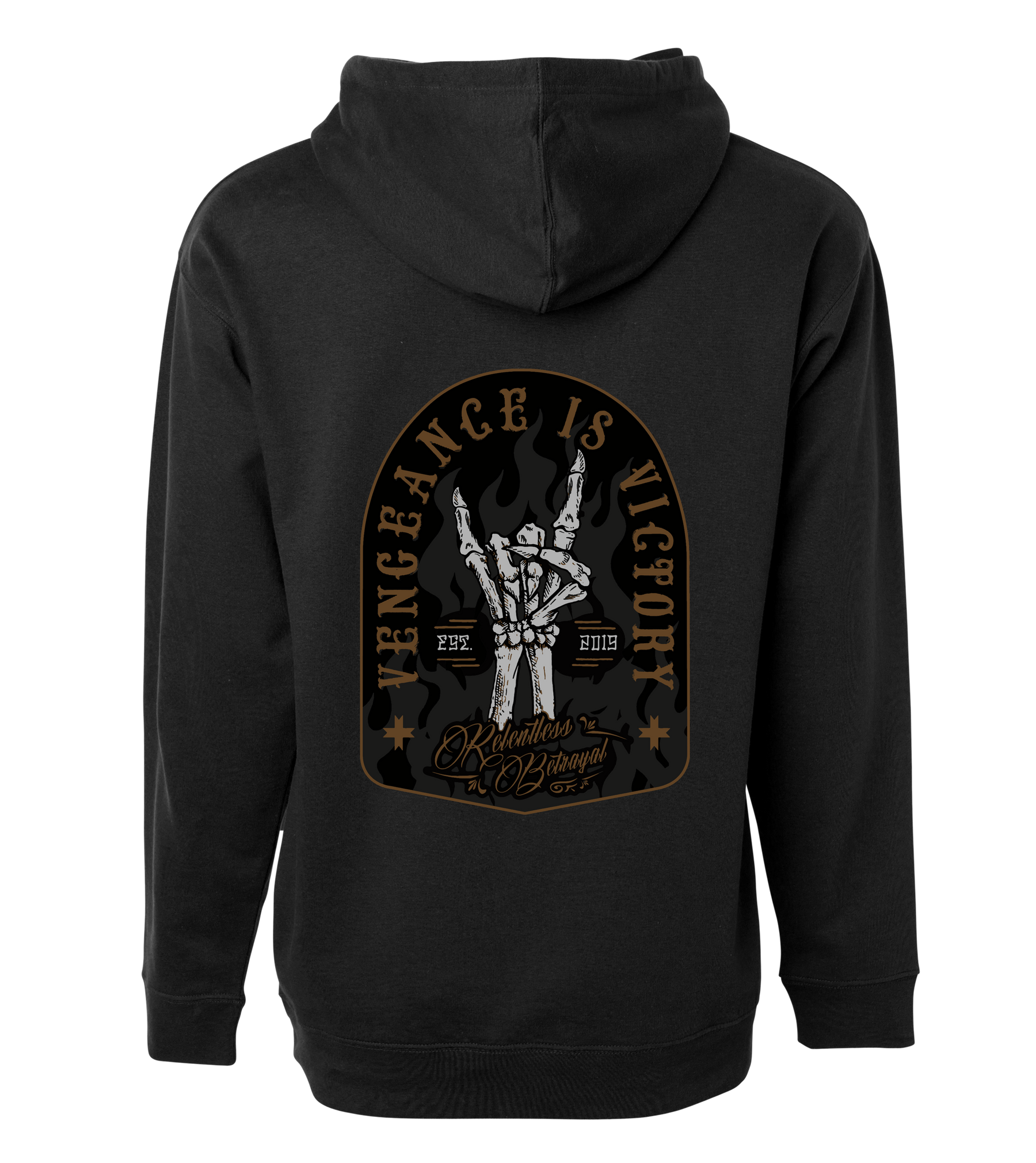 The Vengeance Hoodie by Relentless Betrayal features a back view of a black hoodie with an ornate design of knights and banners. It showcases the text Vengeance is Victory, along with medieval-themed script and star motifs, symbolizing resilience and empowerment.
