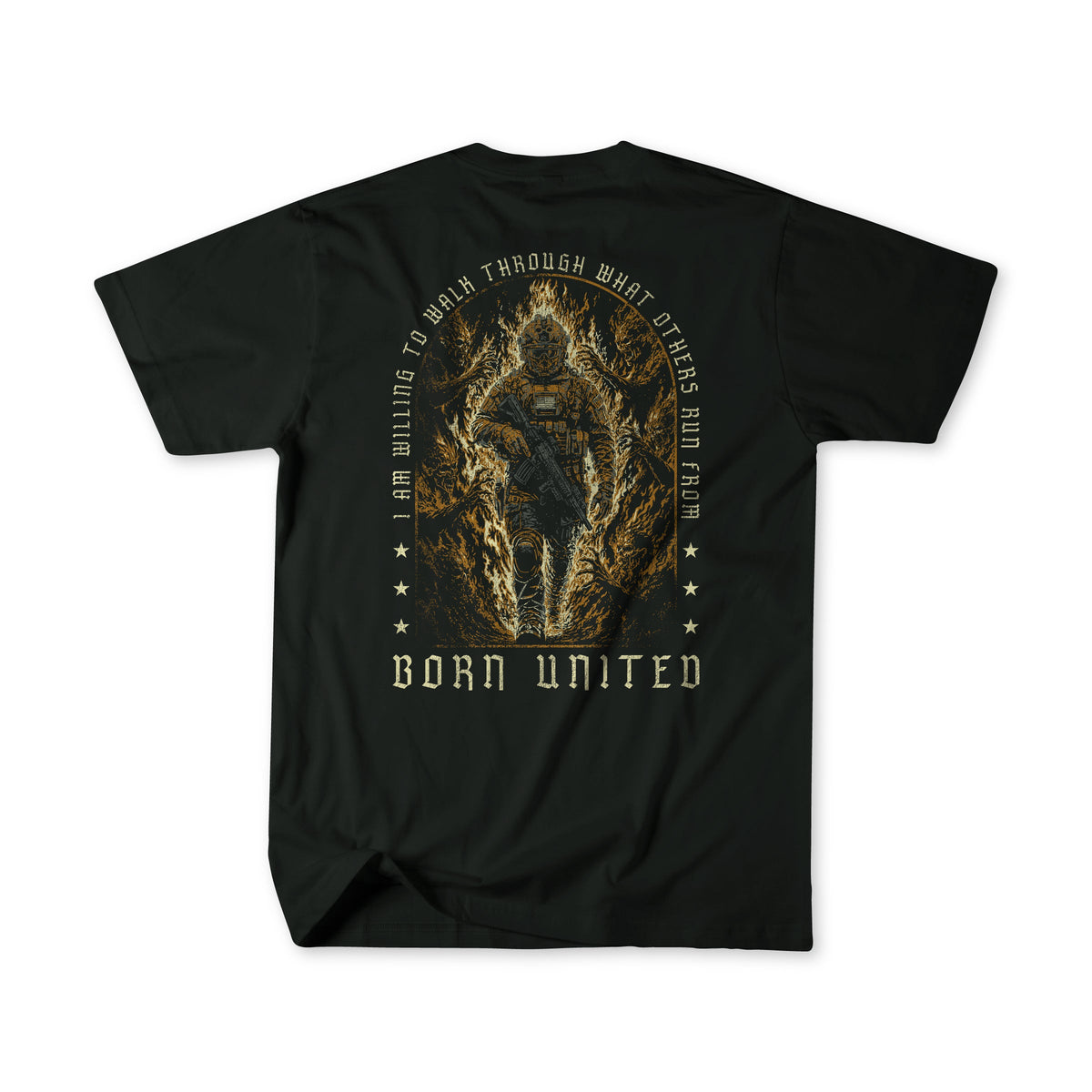 Introducing the Walking Through Fire tee from Born United Private Label—a premium black T-shirt featuring a striking graphic of a person walking through flames, surrounded by the powerful message: "I am willing to walk through what others run from," with "Born United" proudly displayed at the bottom. Crafted from top-quality fabric for enduring comfort, this resilience shirt is made for those who confront challenges head-on.
