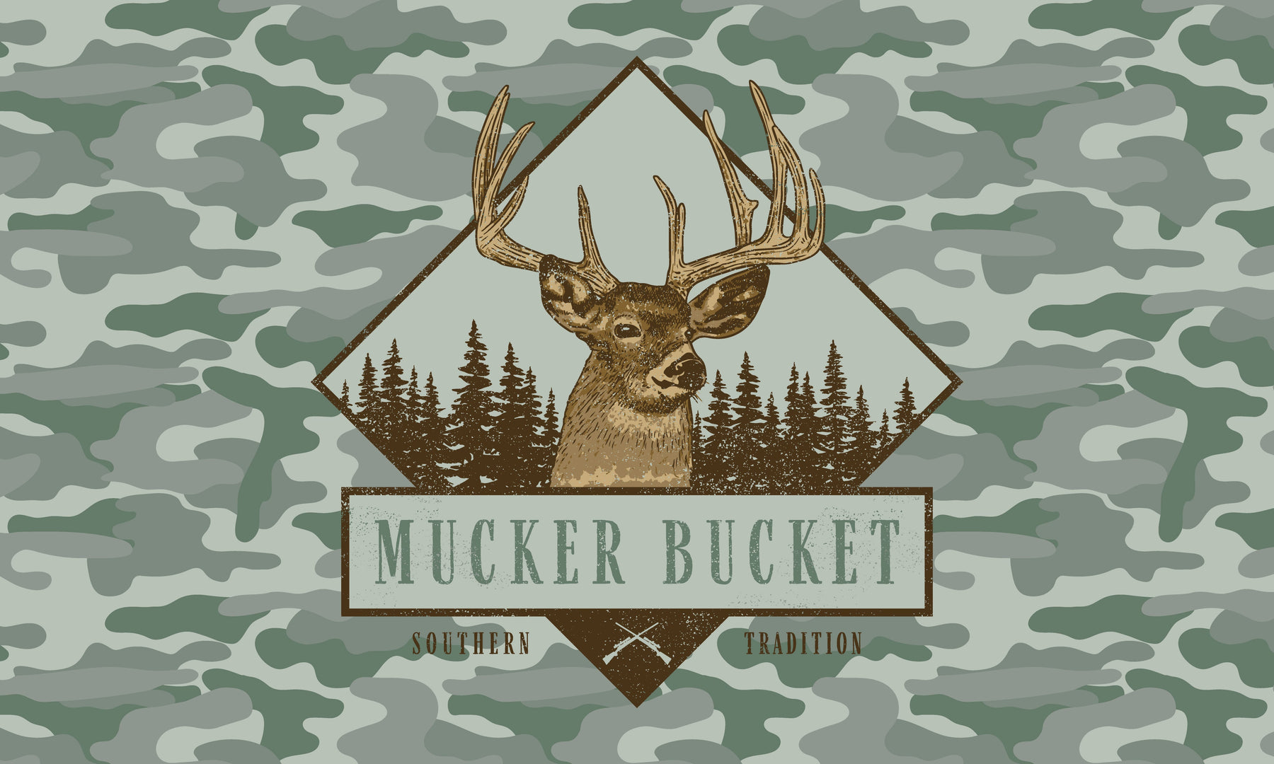 A deer head with large antlers framed by pine trees in a diamond shape is overlaid with Mucker Bucket and Southern Tradition text on a durable green camo polyester background. Product: Got One Flag by Mucker Bucket.