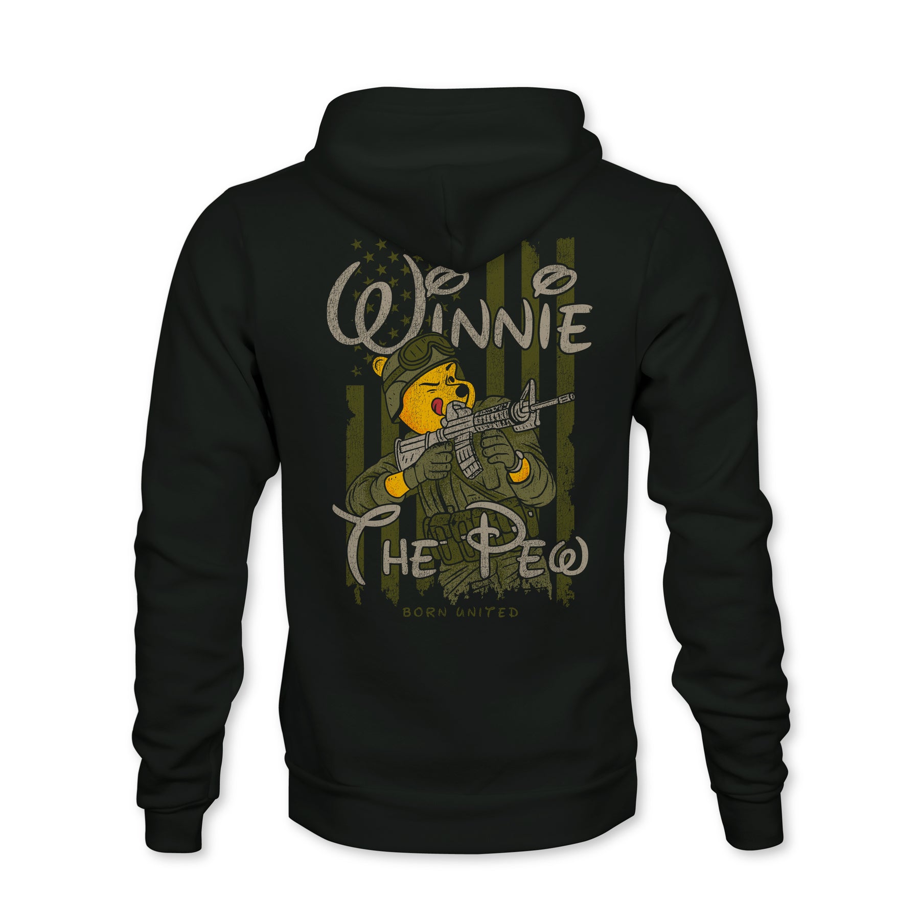 The Winnie The Pew Hoodie by Born United Private Label features a bear in military gear with a rifle and Born United printed below, all set against a stylized American flag. Its perfect for fans of unique pew-themed apparel.