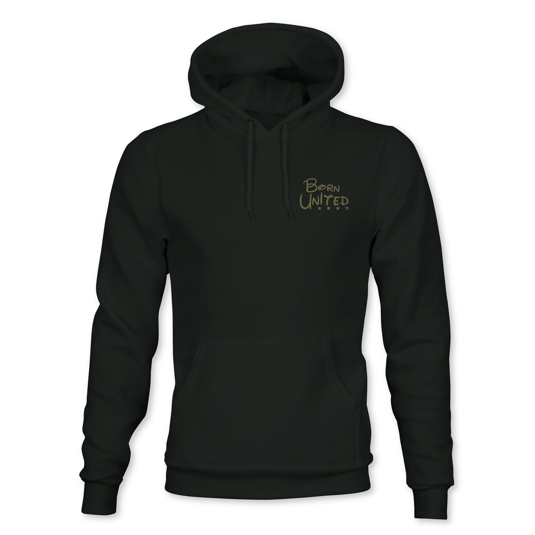 Black hoodie with a front pocket by Born United Private Label features Born United in yellow on the left chest, perfect for Winnie The Pew fans. It has a drawstring and a comfortable fit, displayed on a plain white background.