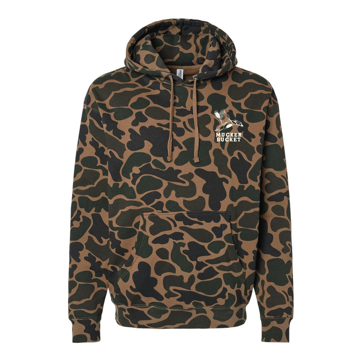 The Youth Wood Ducks Premium Duck Camo Hoodie by Mucker Bucket features a relaxed fit in brown and dark green camo, a front pocket, drawstring hood, white MUCKER BUCKET logo on the chest, and a small graphic of a basketball player in action.