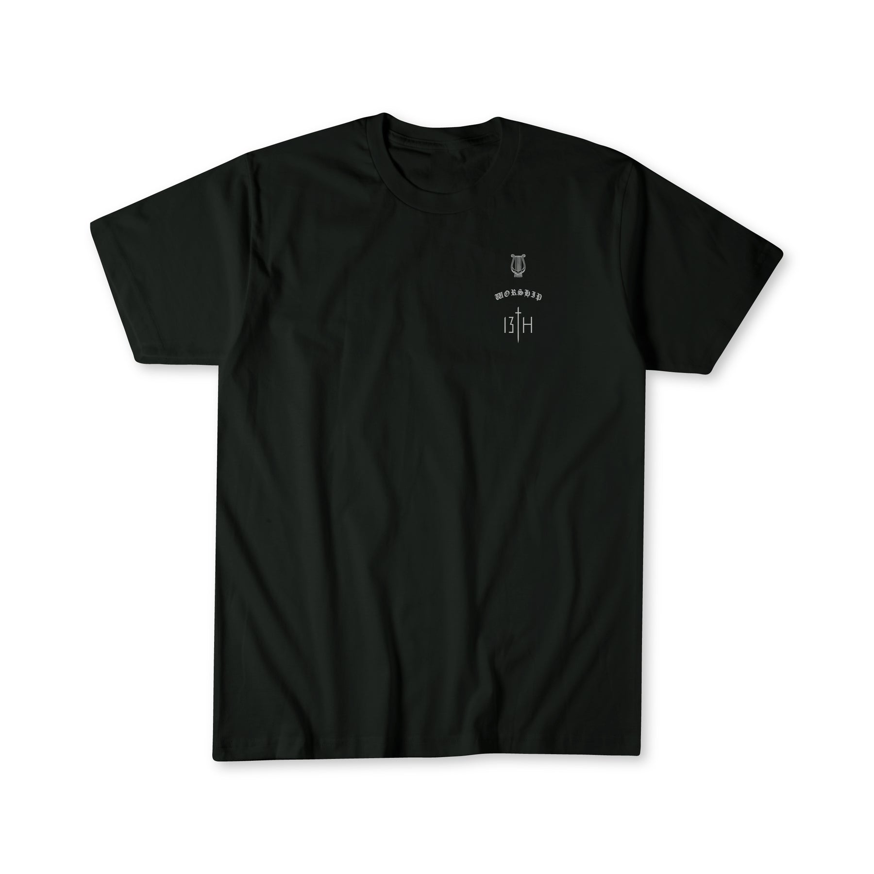 The 13th Worship Premium Tee is a black short-sleeve shirt featuring small white text and symbols, including "13H" and stylized lettering, on the left chest. This faith-inspired apparel is shown flat against a white background.