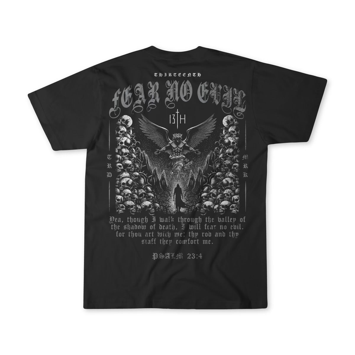 The Fear No Evil Premium Tee by 13th features a gothic design with a figure walking through the valley of the shadow of death and an eagle above. The phrase Fear No Evil and PSALM 23:4 appear in white, creating a striking contrast on the black fabric.