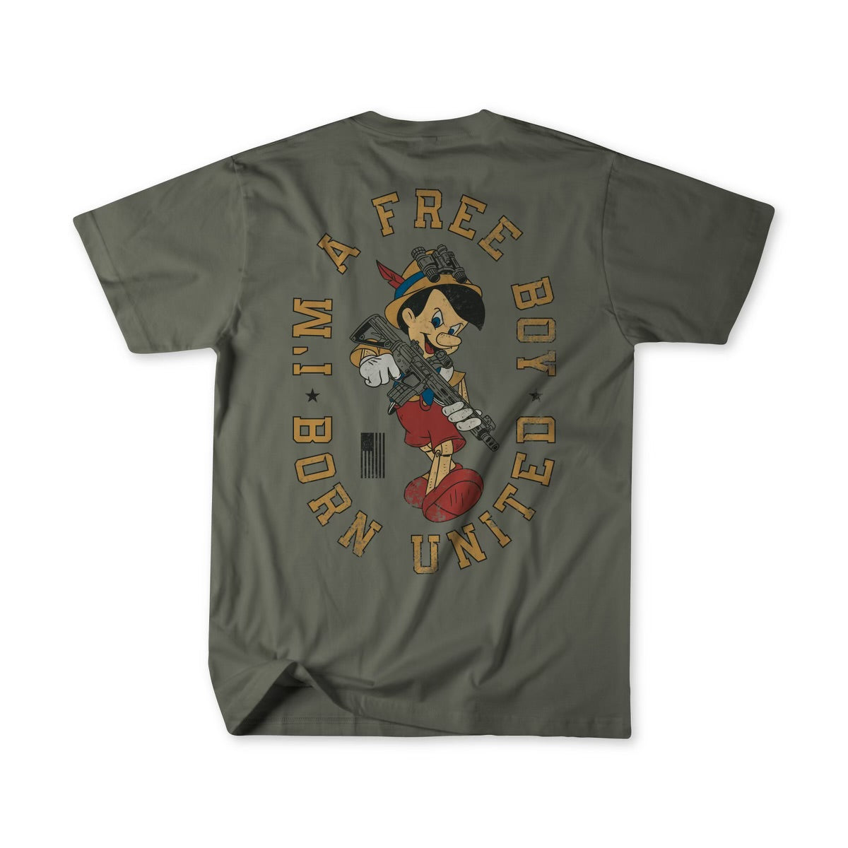 The Free Boy Tee by Born United Private Label in olive green shows a cartoon character wearing red shorts, shoes, a blue tie, and a yellow hat on the back. Surrounding the image is vintage-style text that reads UNITED WI! IM A FREE BOY!, offering a playful and spirited design.