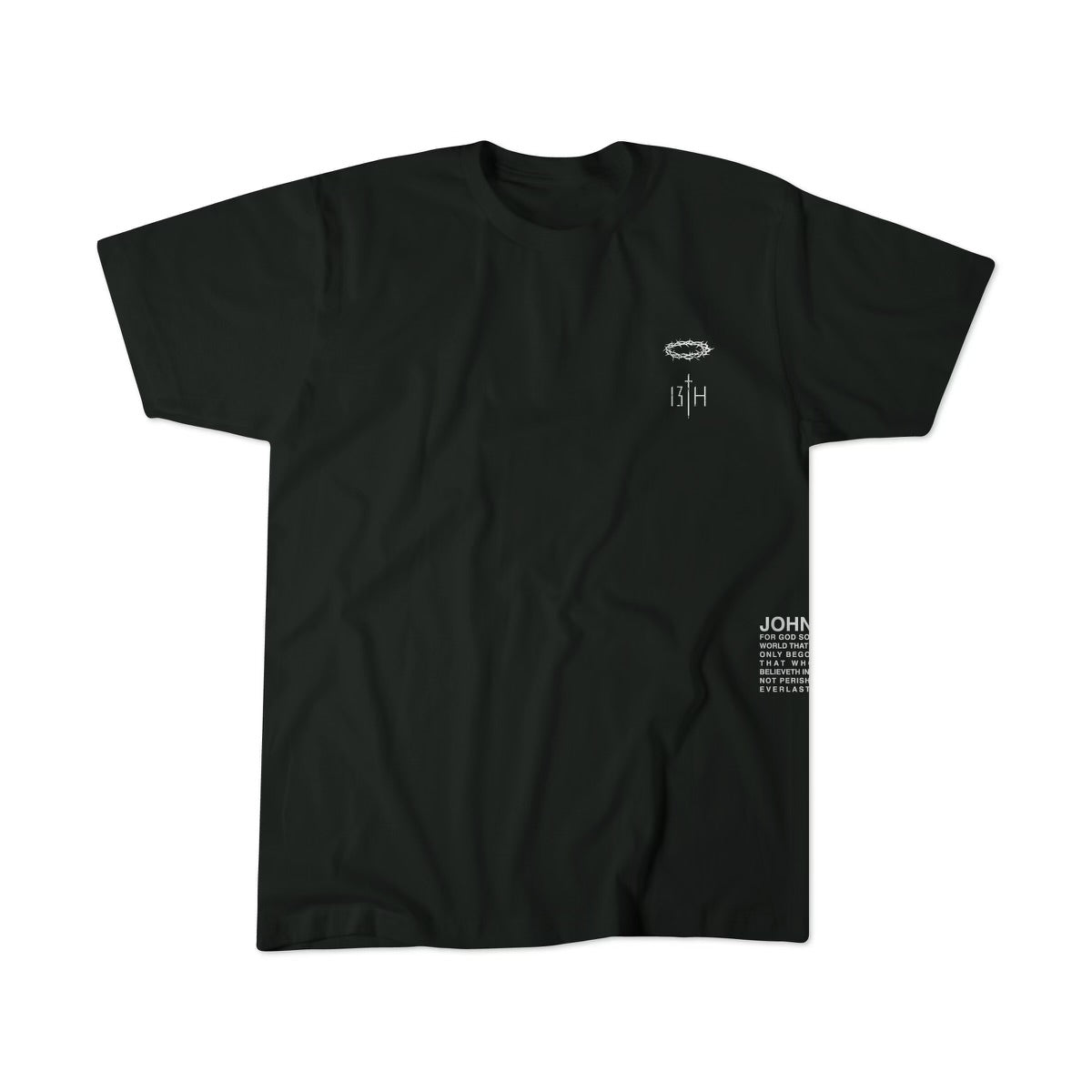 The Jesus Saves - Black Tee by 13th is a short-sleeved black T-shirt with a small white logo on the left chest and God so loved the world in white on the bottom right, featuring a round, ribbed neckline.
