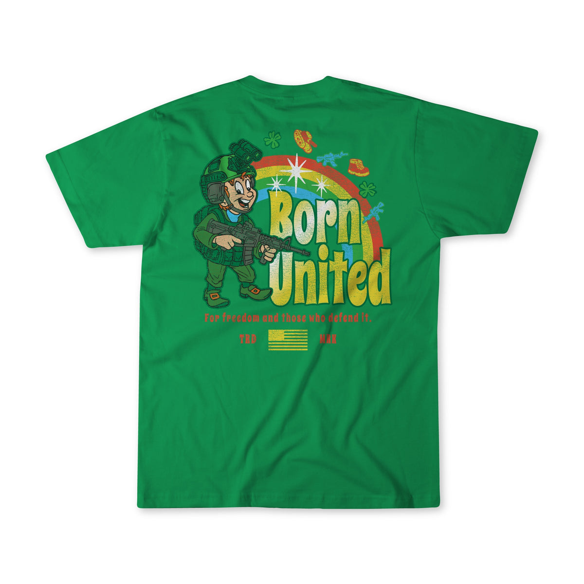 The “Feelin' Lucky” green tee from Born United Private Label features a cartoon soldier, rainbow, shamrocks, gold coins, bold “Born United” text, a yellow flag, YBD MILR detail, and “For freedom and those who defend it”—perfect for St. Patrick’s Day streetwear.