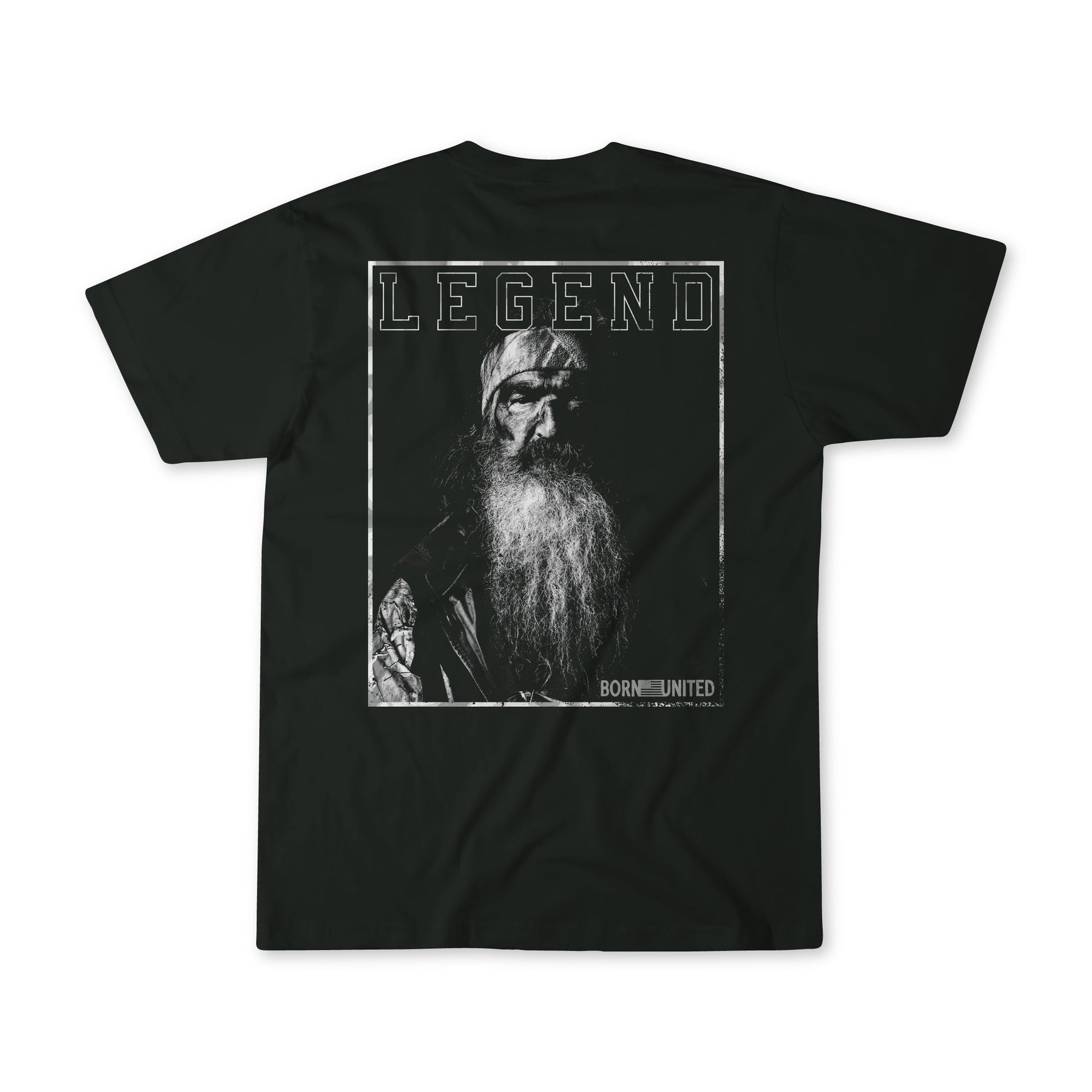 The Legend Dynasty black T-shirt by Born United Private Label showcases a black-and-white photo of an older man with a long beard and beanie, LEGEND above, and BORN UNITED at the bottom.