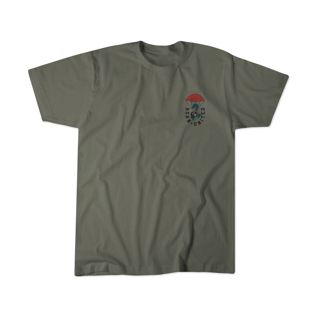 Born United Private Label offers the Free Boy Tee, an olive green T-shirt with a left chest graphic of a red and black parachute, a blue figure at the center, and the text “Im a free boy! Brisbane.”.