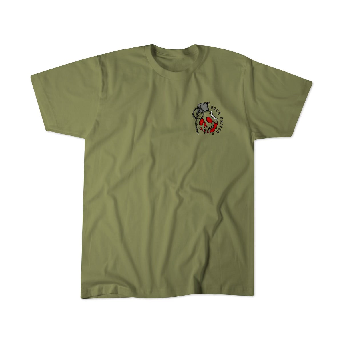 The BU 7 Dwarves Tee by Born United Private Label is an olive green shirt with a left chest graphic of a red skull and axe, arched with Born Tired. The tee is shown laid flat on a white background.