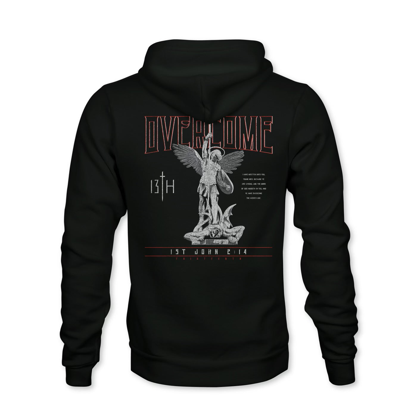 The Overcome Premium Hoodie by 13th is a black hoodie for young men, featuring an angel graphic with OVERCOME above, 1ST JOHN 2:14 below, and 13TH on the side in striking white and red. Embrace the Word of God with this powerful design.