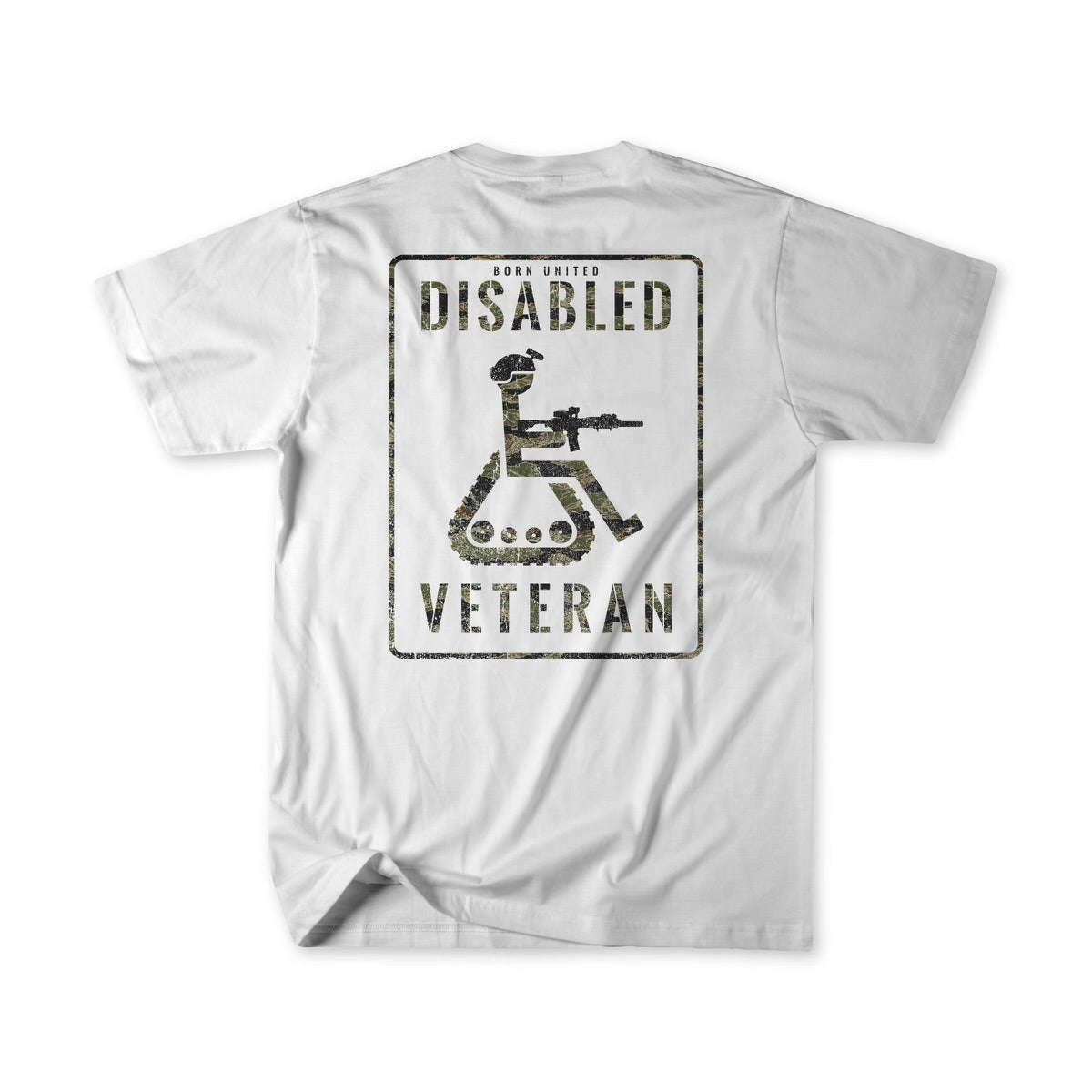 White t-shirt Disabled Vet - White by Born United Private Label. Features a military-themed graphic with a camouflage patterned accessibility icon outline of a person in a wheelchair holding a rifle, and the text Born United Disgruntled Disabled Veteran.