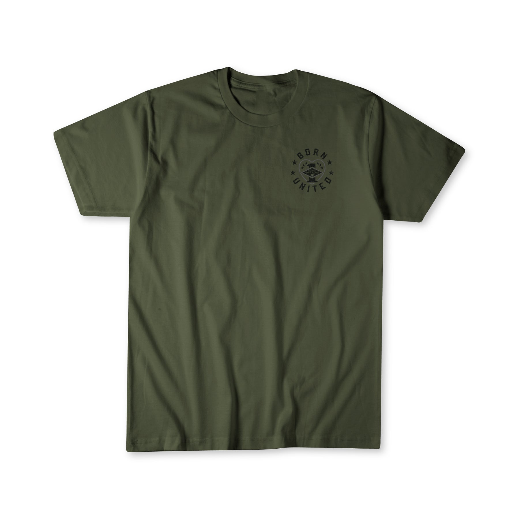 The Born United Private Label Operation Warm Heart - Olive Tee is a limited edition shirt featuring a small black “BORN UNITED” graphic on the upper left chest. Proceeds support America’s heroes. Shirt shown laid flat on a white background.