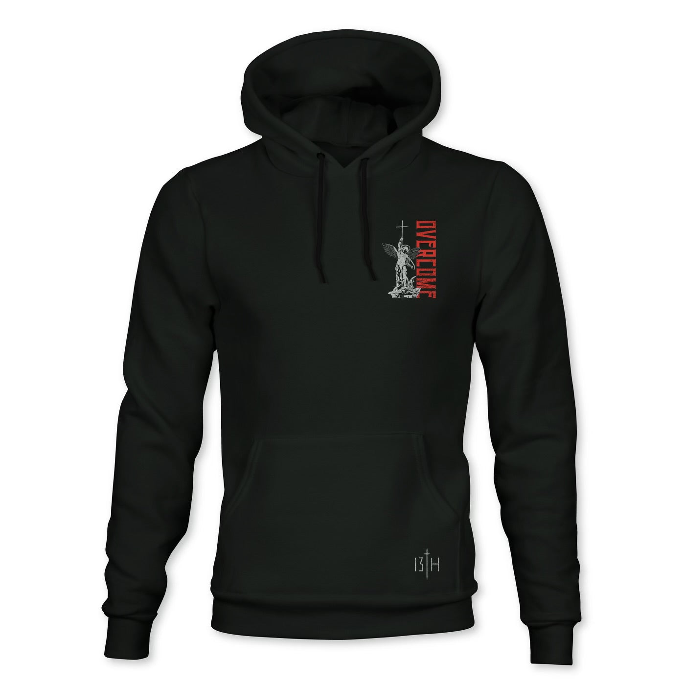 The Overcome Premium Hoodie by 13th is designed for young men and features a small scales graphic with OVERTIME in red on the left chest, a front pocket, and drawstring hood. It also includes a subtle 13 H logo at the bottom, symbolizing the spirit to overcome challenges.