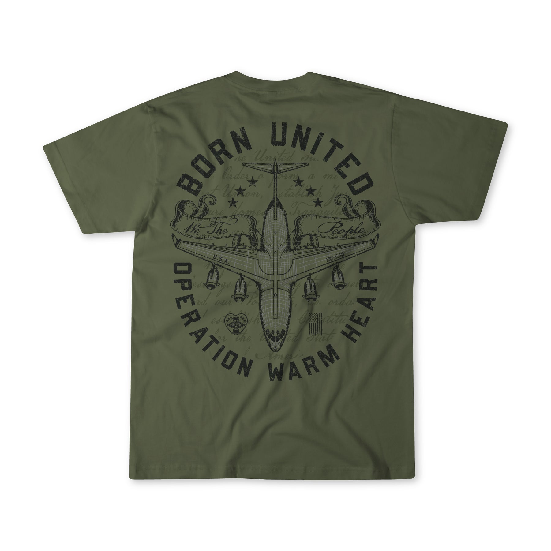 Olive green Operation Warm Heart t-shirt by Born United Private Label features a black military aircraft and birds graphic on the back, with Born United and We the People text across banners on the wings.