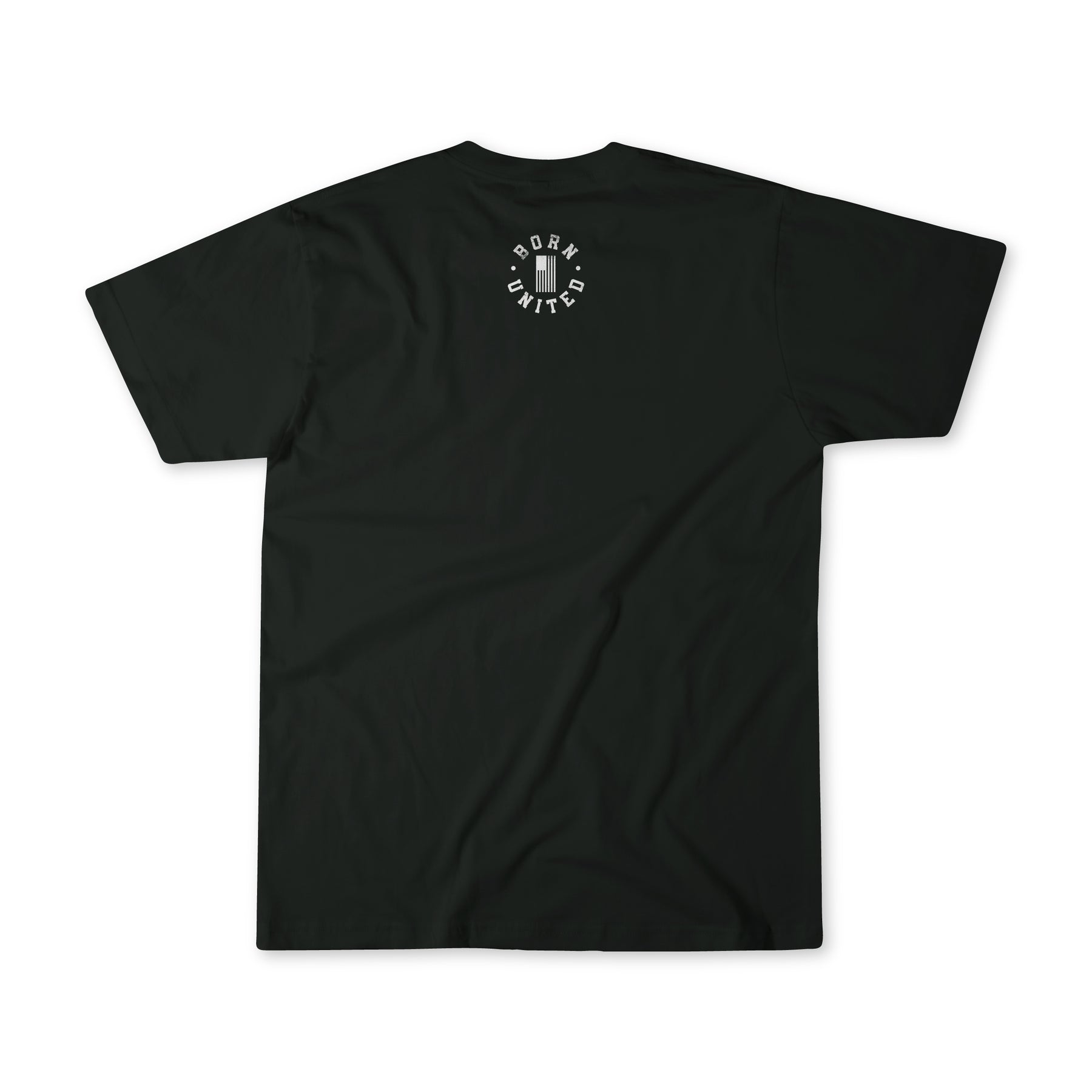 A black God Over Government T-shirt by Born United Private Label is laid flat on a white background. It features a small circular design with BORN UNITED and a nod to good conduct printed in white on the upper back.