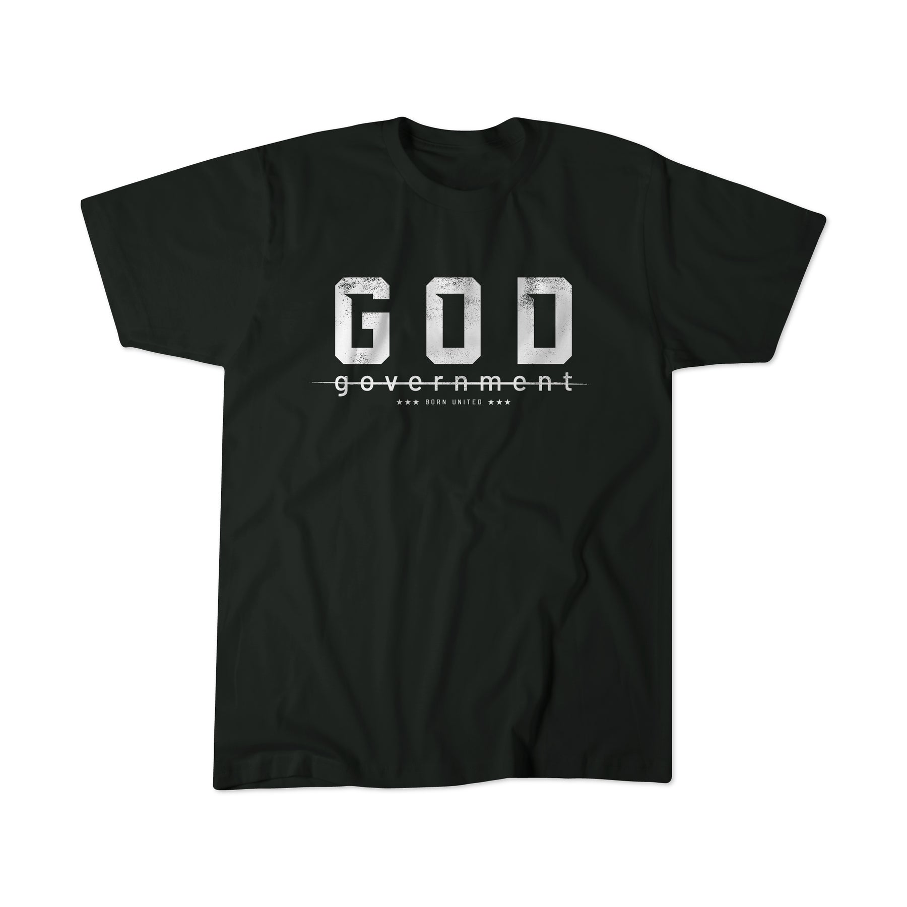 The black T-shirt from Born United Private Label features God in bold silver above government in white, with New Era United MFG below. The design, named God Over Government, artfully blends themes of faith and authority into a modern statement piece.