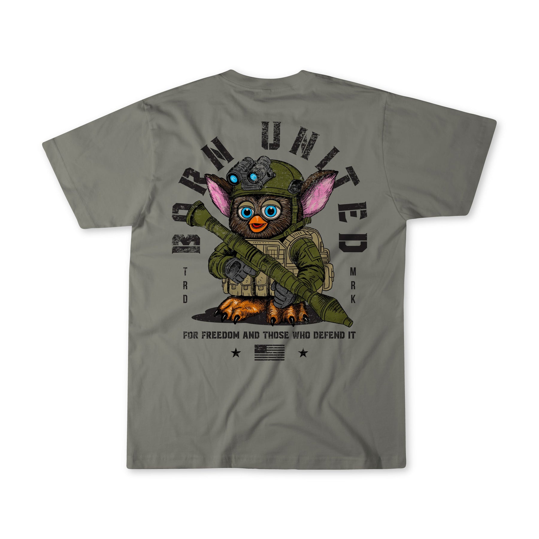 A gray Furbinator T-shirt by Born United Private Label shows a Tactical Furby in military gear holding a rifle, with Born United above and For freedom and those who defend it below.