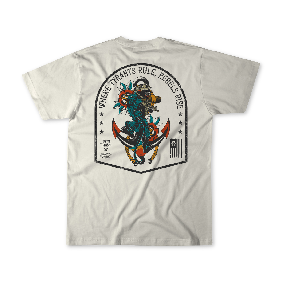 Introducing the Rebel Rising Premium Tee by Born United Private Label: an off-white T-shirt showcasing a bold graphic of a masked figure and anchor on the back, framed by stars and striking details, with prominent text that declares, “Where tyrants rule, rebels rise.”.