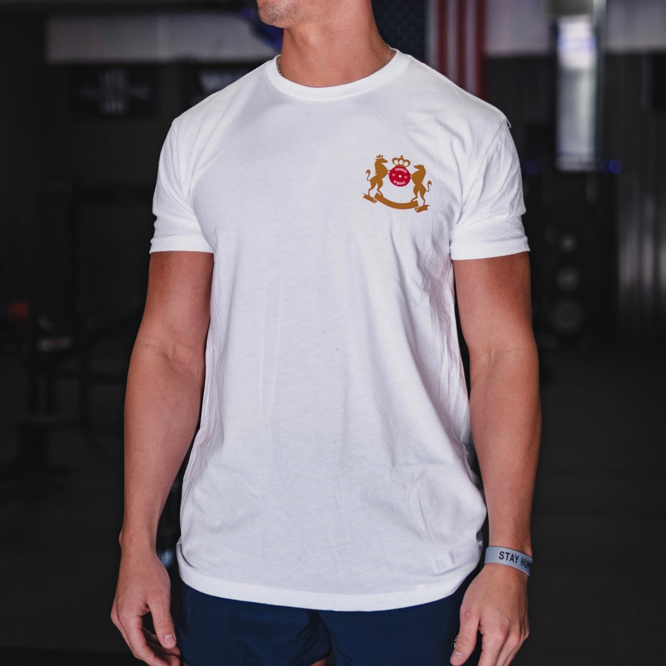 In a dimly lit gym, a person in a Deadlift Addiction - Tee by Tango Charlie Apparel, embroidered with a crown and lions crest, stands amidst fitness equipment. The scene exudes strength and focus as the lifter gears up for a challenging deadlift.
