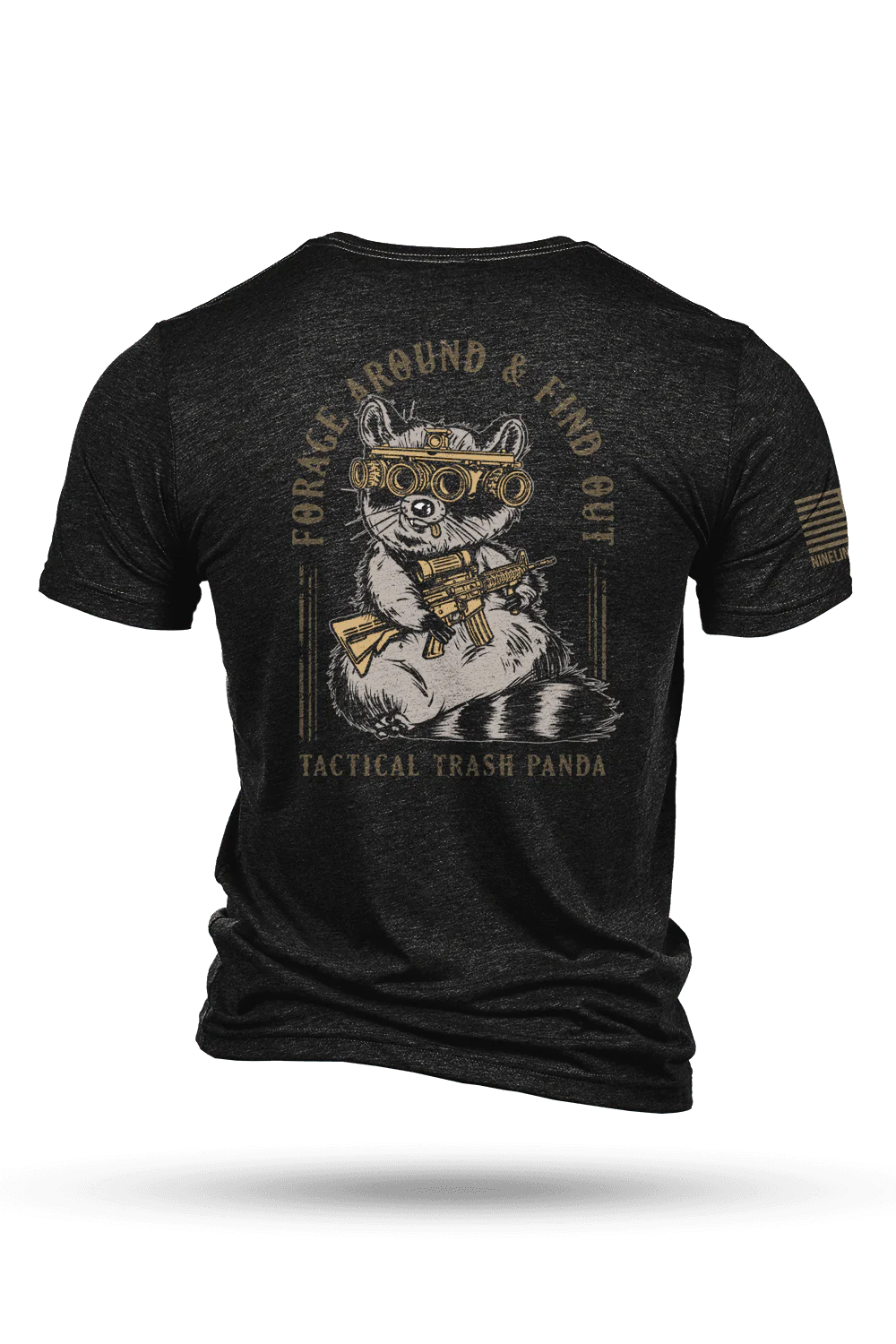 Nine Line Apparels Tactical Trash Panda black t-shirt displays a raccoon with night vision goggles and a rifle. It features the phrases Forage Around & Find Out! and Tactical Trash Panda, complemented by an American flag on the right sleeve, celebrating nocturnal scavengers.