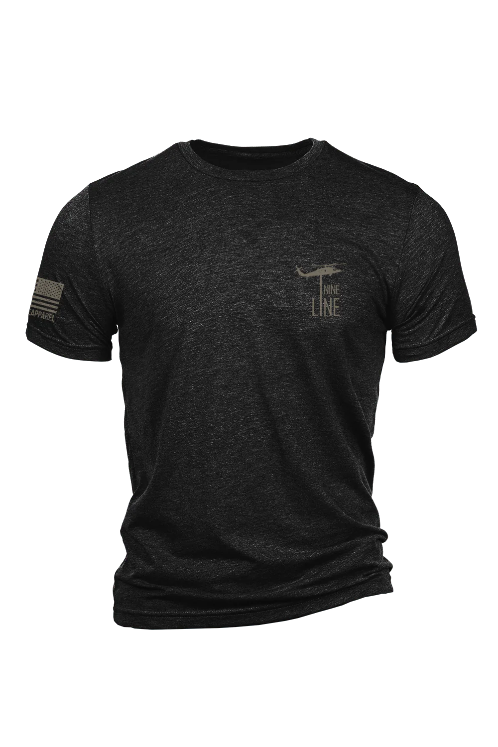 Nine Line Apparels Tactical Trash Panda T-shirt features a small airplane graphic with Nine Line text on the front, an American flag patch on the right sleeve, and Apparel detail—perfect for expressing your tactical style.