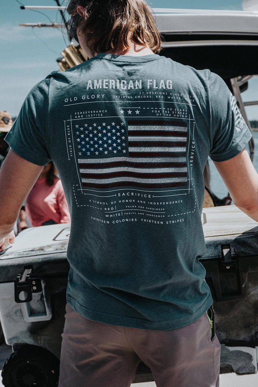nine line apparel - flag schematic tee heather blue back on model