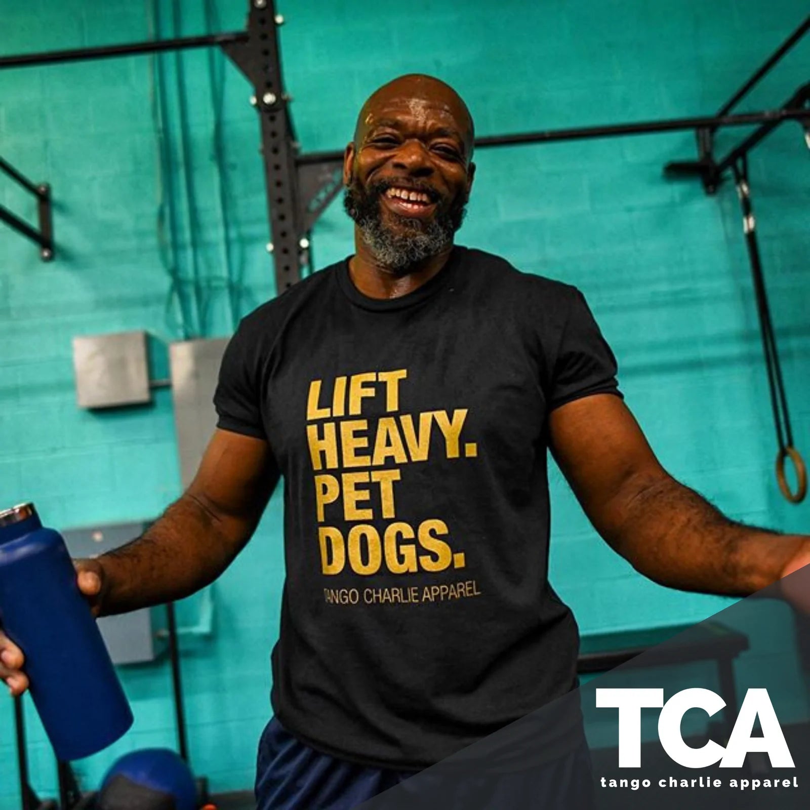 tango charlie - lift heavy pet dogs gold edition t-shirt on men's model