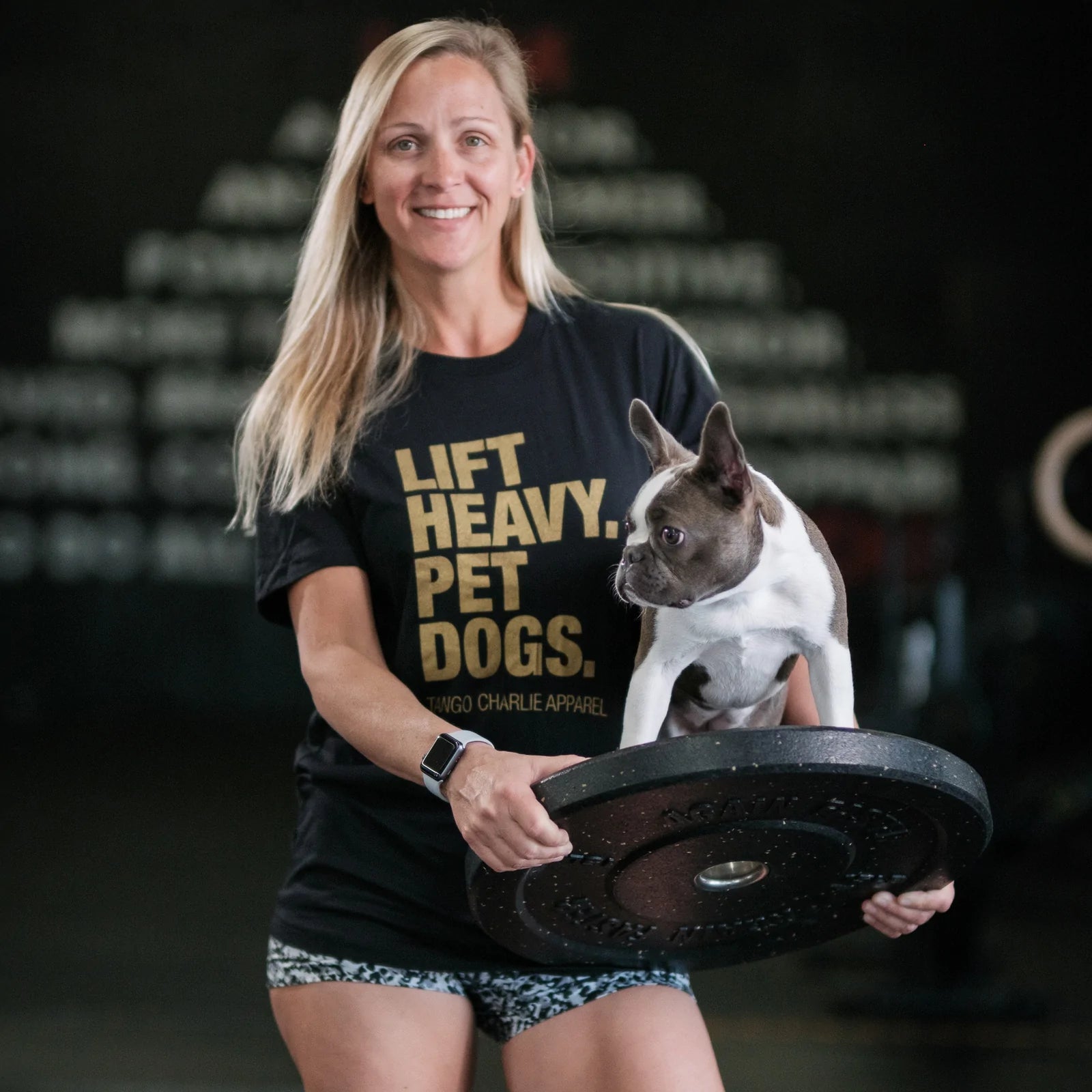 tango charlie - lift heavy pet dogs gold edition t-shirt on women's model