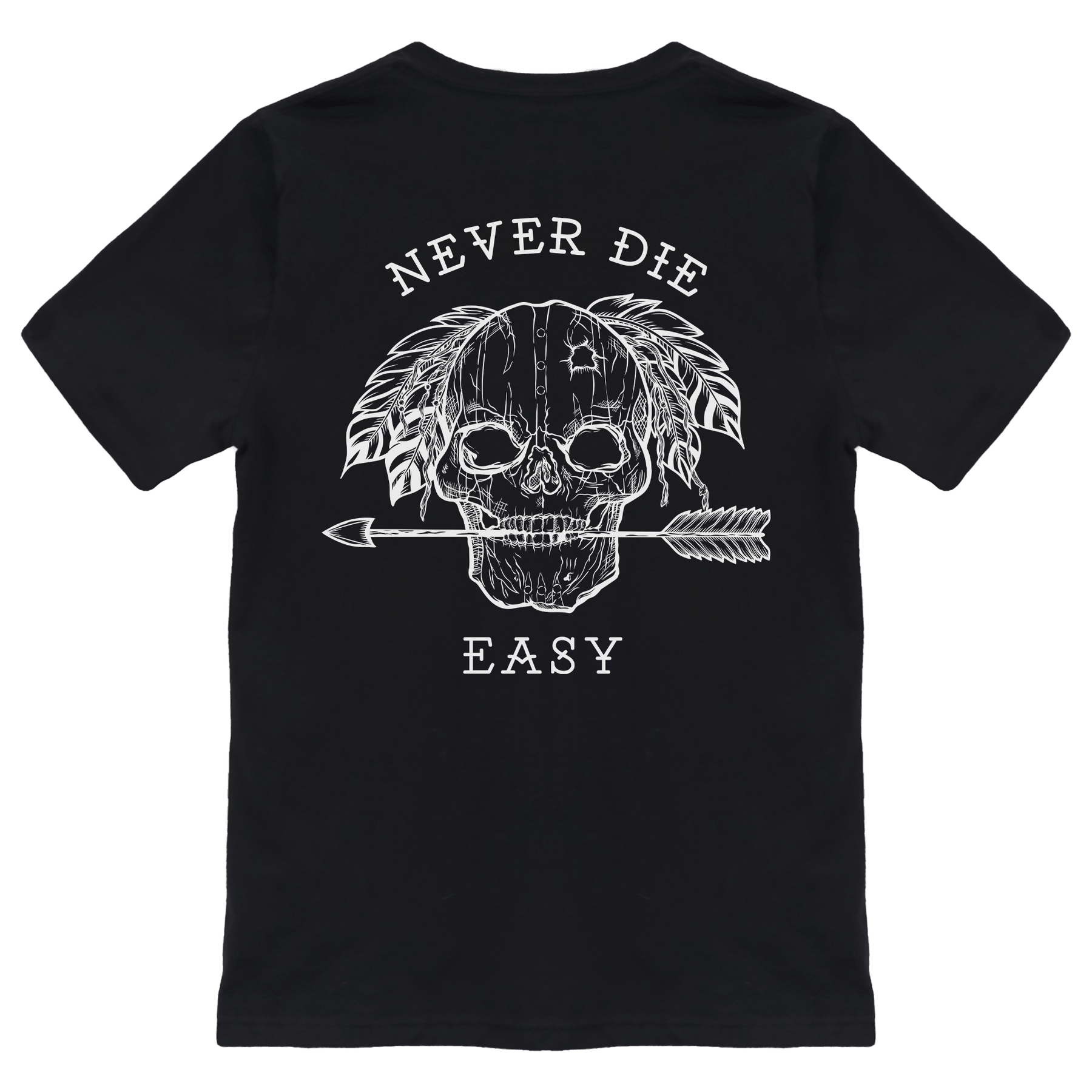 The Never Die Easy Black Tee by Relentless Betrayal is a unisex fine jersey cotton shirt featuring a white skull and arrow with feathers on the back, and Never Die Easy boldly displayed above and below the design.
