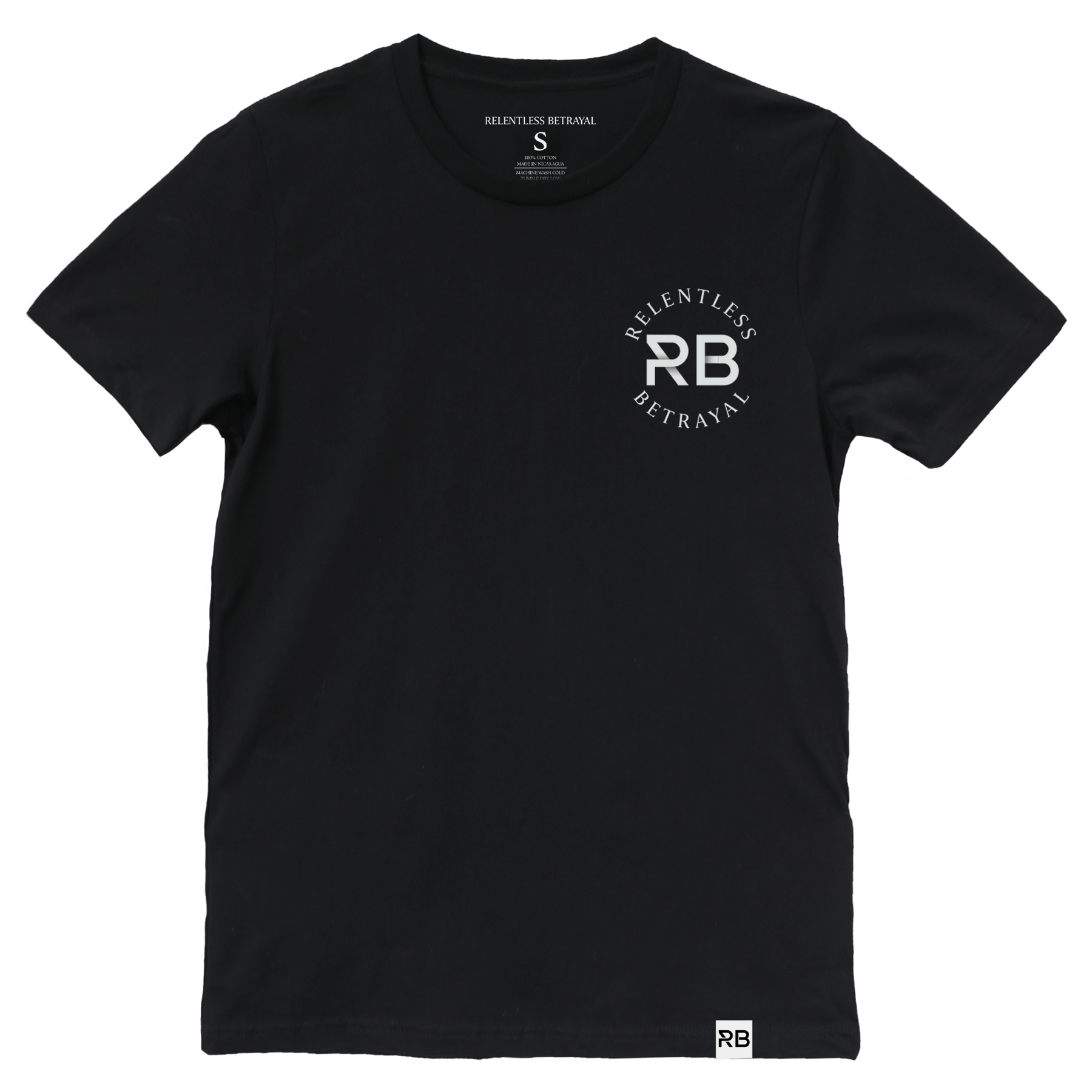 The Never Die Easy Black Tee by Relentless Betrayal is made from fine jersey cotton. It features the white Relentless Betrayal logo and bold RB initials on the front, with a size small tag inside the collar, offering a soft and stylish fit for any unisex wardrobe.