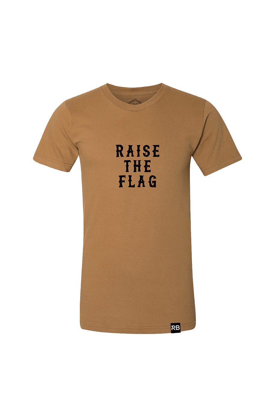 The Raise the Flag Tee by Relentless Betrayal is a tan jersey cotton T-shirt featuring RAISE THE FLAG in bold black letters on the front, with a crew neck, short sleeves, and a small RB label at the bottom front hem, reminiscent of pirate flag defiance.