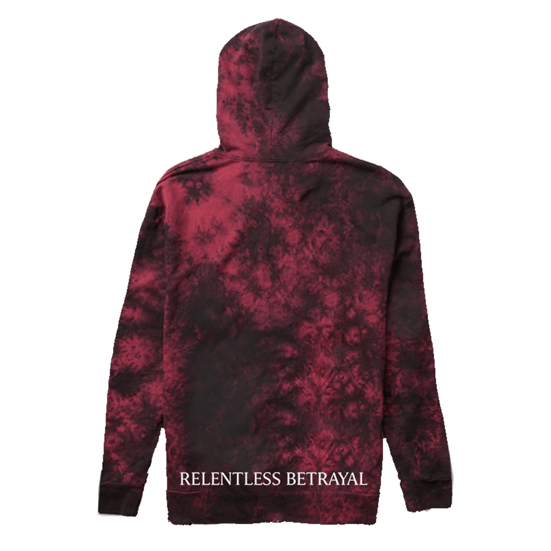 The Trustless Chief Red Tie Dye Hoodie by Relentless Betrayal is a unisex piece made from a soft cotton/polyester blend, boasting the brand name in bold white on the backs bottom edge, offering both comfort and edgy style.