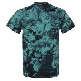 The Burn The Ships Tie Dye Tee by Relentless Betrayal showcases a back view with a unisex green and black tie-dye pattern. Made from fine jersey cotton, the design has swirling and blotchy effects throughout the fabric.