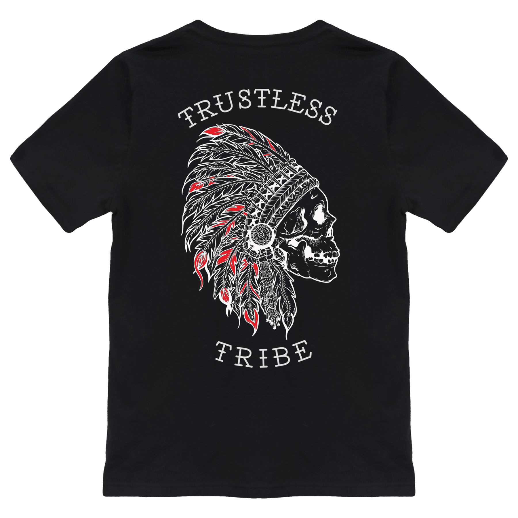 The Trustless Chief Tee - Red by Relentless Betrayal is a black t-shirt featuring a skull with a feathered headdress and red accents, with TRUSTLESS TRIBE boldly printed above and below the graphic, capturing the essence of anarchist clothing.