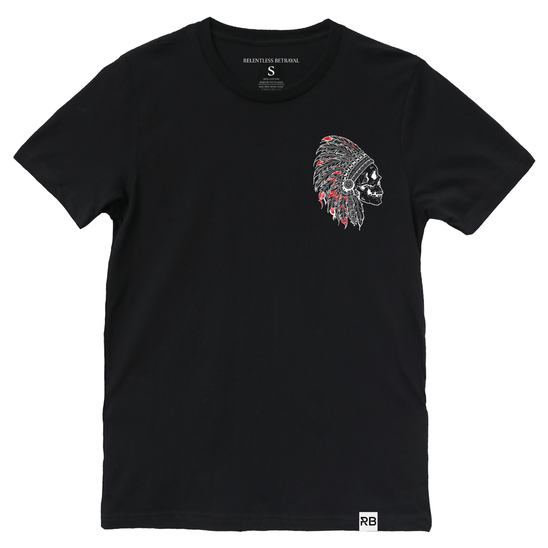 The Trustless Chief Tee by Relentless Betrayal in black showcases a detailed skull with a feathered headdress on the left chest, reflecting an anarchist style.