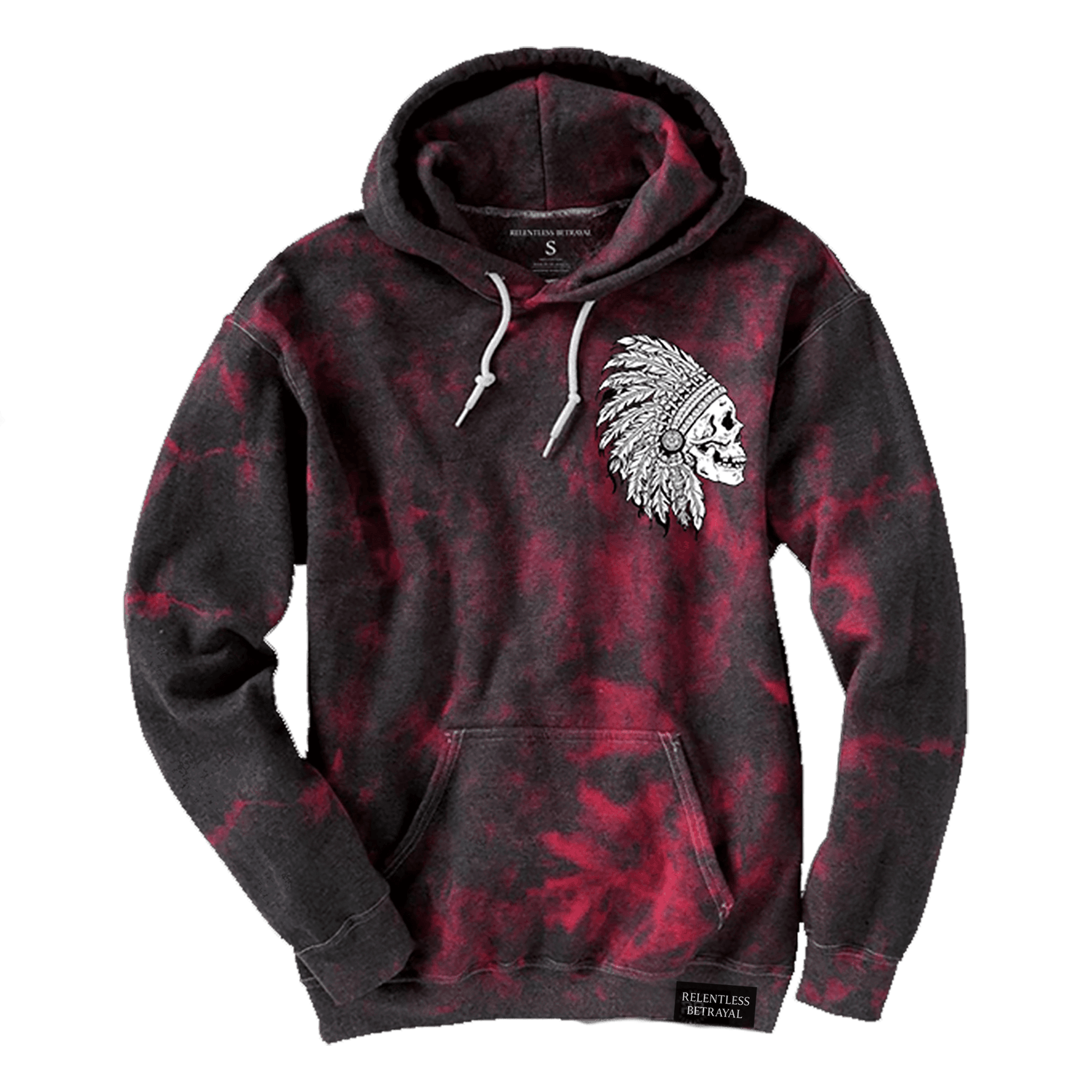 The Trustless Chief Red Tie Dye Hoodie by Relentless Betrayal is a unisex cotton/polyester hoodie with black and red tie-dye, featuring a white embroidered skull with a feathered headdress on the chest, white drawstrings, and a front pocket.