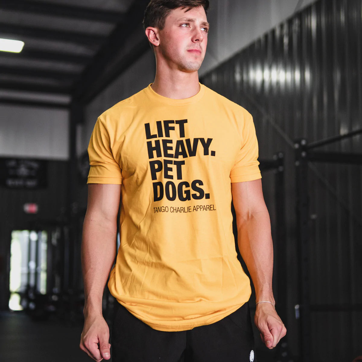 tango charlie - lift heavy pet dogs gold t-shirt